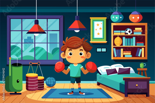 A cozy room with blue walls adorned with boxing posters and a sleek boxing bag hanging in the corner.
