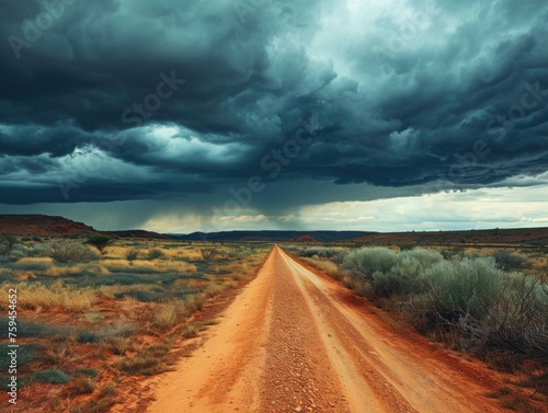 A dirt road in the middle of a desert with storm clouds. Generative AI. © Nikolay