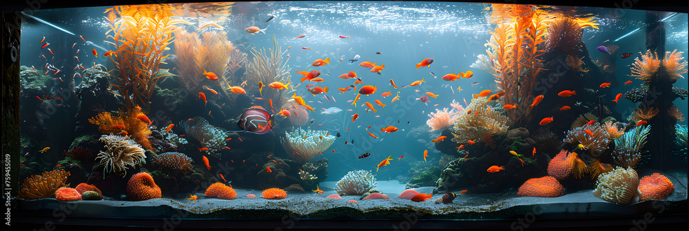 Beautiful aquarium with many fishes of different species,
Realistic view Under the see water stone and fish and other things
 - obrazy, fototapety, plakaty 