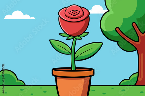 A rose in a pot against a background of a tree branch.