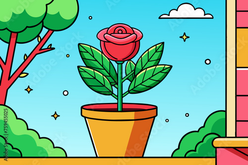 A rose in a pot against a background of a tree branch.