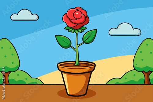 A rose in a pot against a background of a tree branch.