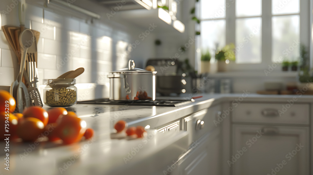Modern kitchen interior with fresh vegetables and utensils on countertop Modern kitchen interior with fresh vegetables and utensils on countertop
