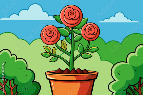 A lovely rose plant is blooming vibrantly amidst the verdant backdrop of a tree.