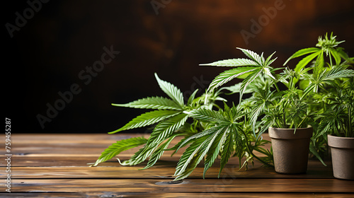 Hemp plants in a pot  on a wooden table