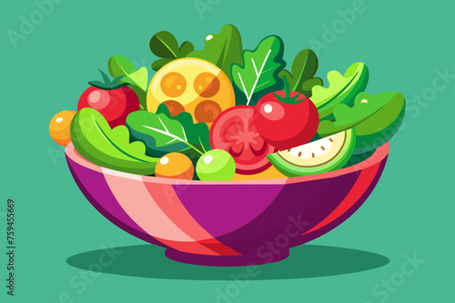 Salad food background is a beautiful and colorful photo of a salad with fresh greens, tomatoes, cucumbers, and onions.