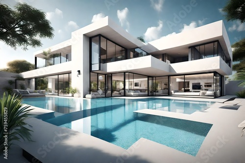 Modern house with swimming pool scene 3D rendering architecture exterior wallpaper backgrounds © Maryam