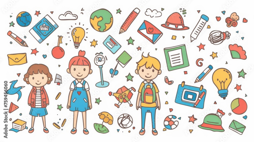 Cute students and education icons. Outline modern illustration. Cute students and education icons. Outline modern illustration.