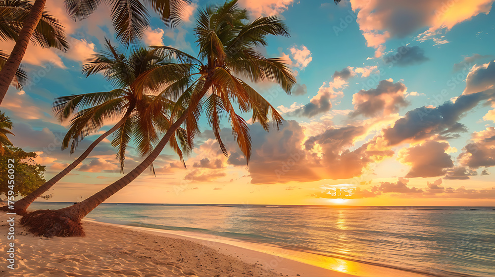 Fototapeta premium Beautiful tropical beach and sea with coconut palm tree at sunset time