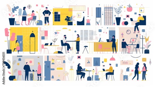 In this modern illustration, people working inside and outside of a large paper layout are shown in a flat design style.