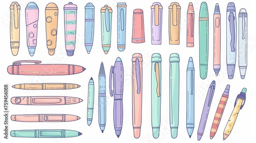 The flat design style modern illustration features pens and other office supplies. This design has a pastel color scheme and is based on a flat design.