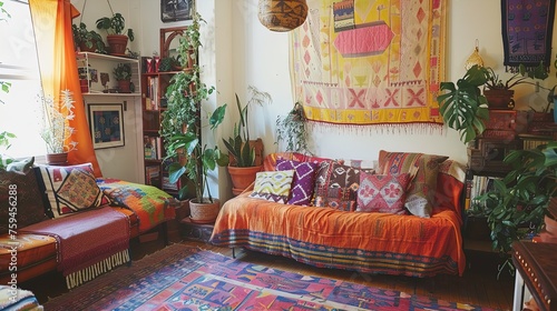 Immerse in a kaleidoscope of textures and colors with this bohemian paradise, a true feast for the eyes.