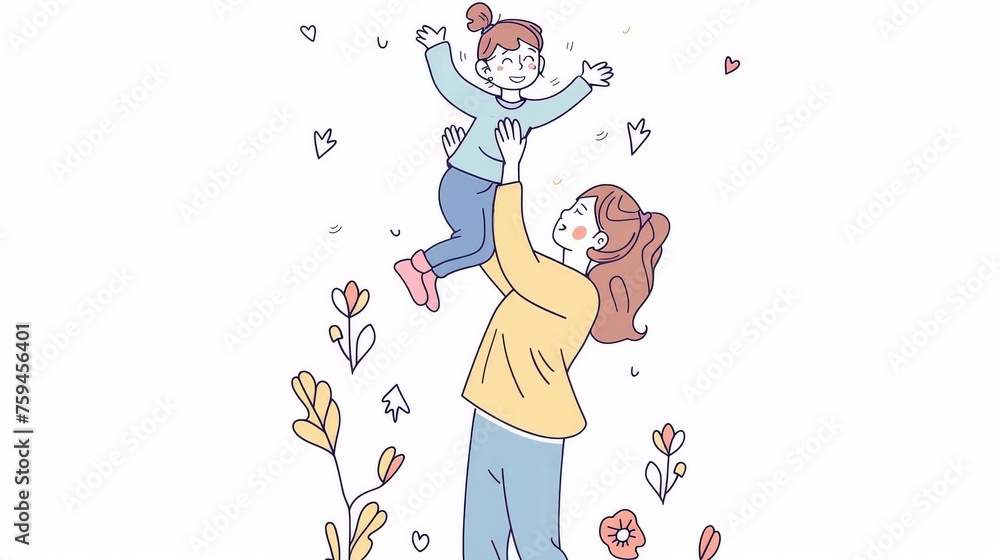 A mother lifts her child high up, hand-drawn style modern illustration. A mother lifts her child high up, hand-drawn style modern illustration.