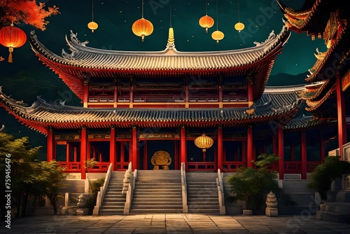 Traditional Chinese Buddhist Temple illuminated for the Mid-Autumn festival. digital art