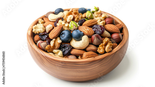 A rustic wooden bowl filled with an assortment of dried fruits and nuts