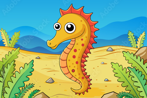 A playful seahorse explores a vibrant coral reef with a backdrop of majestic trees.