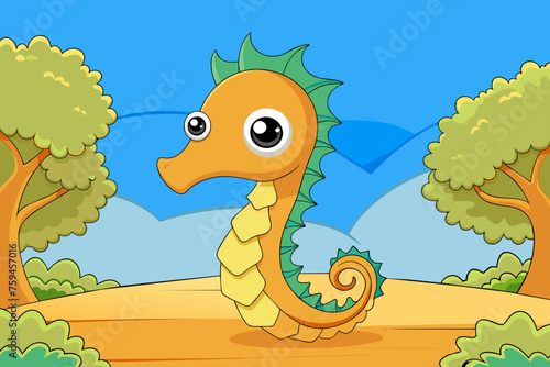 A playful seahorse explores a vibrant coral reef with a backdrop of majestic trees.