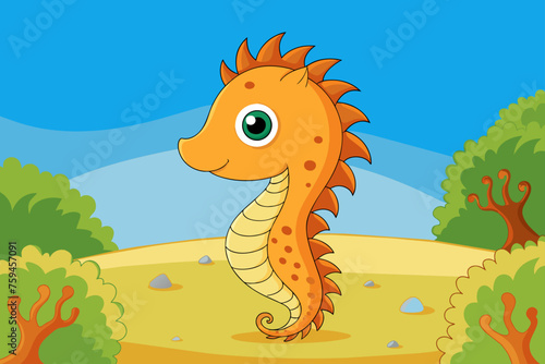 A cute seahorse swims against a verdant background of spreading tree branches.