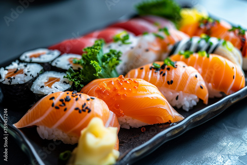 Fresh Sushi Platter with vibrant colors and delicate presentation of nigiri, sashimi on a scandinavic background  photo