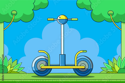 A lone Segway stands against a backdrop of lush green trees.