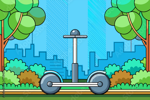 A lone Segway stands against a backdrop of lush green trees.
