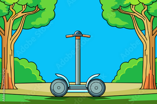 A segway zips past a verdant tree-lined backdrop.