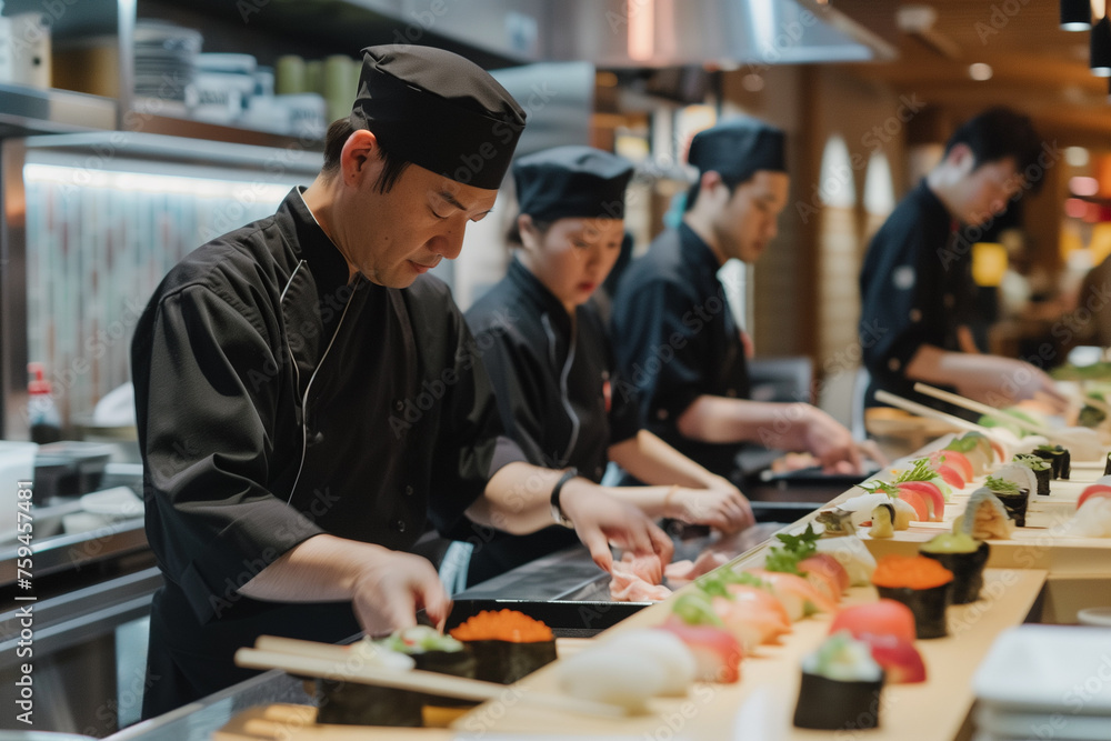 Interactive Sushi Making Class in the sushi bar, capturing the hands-on experience with participants and chefs on a vibrant, engaging background Interactive Sushi Making Class in the sushi bar, capturing the hands-on experience with participants and chefs on a vibrant, engaging background