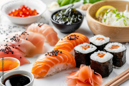 High-quality Sushi Ingredients and preparation shots emphasizing freshness on a white background 
