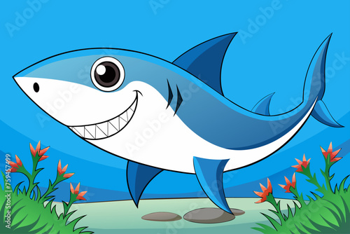 A cute shark is swimming near a green tree in a clear ocean.