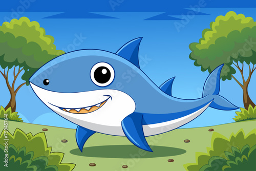 A cute shark is swimming near a green tree in a clear ocean.