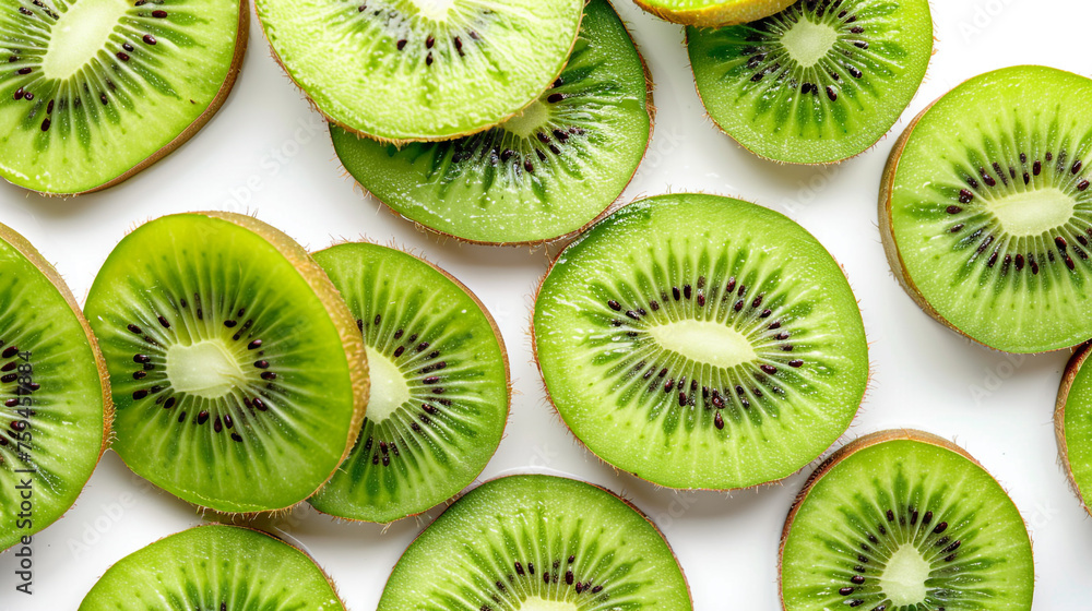 Fototapeta premium Top view of sliced kiwi fruits arranged in a pattern on a bright white background, offering a refreshing visual for healthy eating and tropical themes.