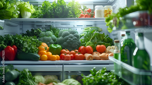The interior of the refrigerator filled with vegetables. generative ai