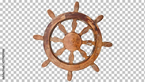 steering wheel of a ship. Old wooden steering wheel helm from yacht, boat isolated rotate on a transparent background
 photo