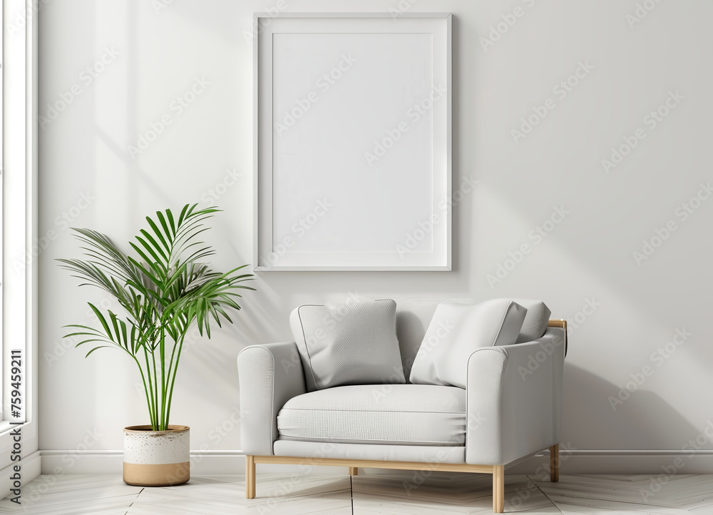 White Wall Frame Mock-Up, Gallery Frame For Liviving Room, Vertical Wall Frame with Plants and Sofa, A4 Wall Frame, 3D Render White Wall Frame Mock-Up, Gallery Frame For Liviving Room, Vertical Wall Frame with Plants and Sofa, A4 Wall Frame, 3D Render