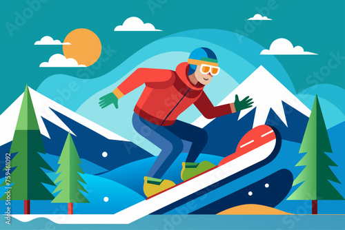Snowboarder carving a turn on a steep slope with snow-capped mountains in the background.