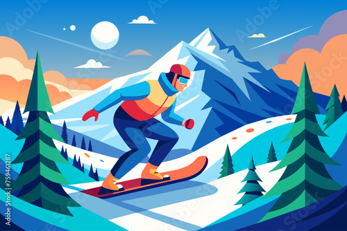 Snowboarder carving a turn on a steep slope with snow-capped mountains in the background.