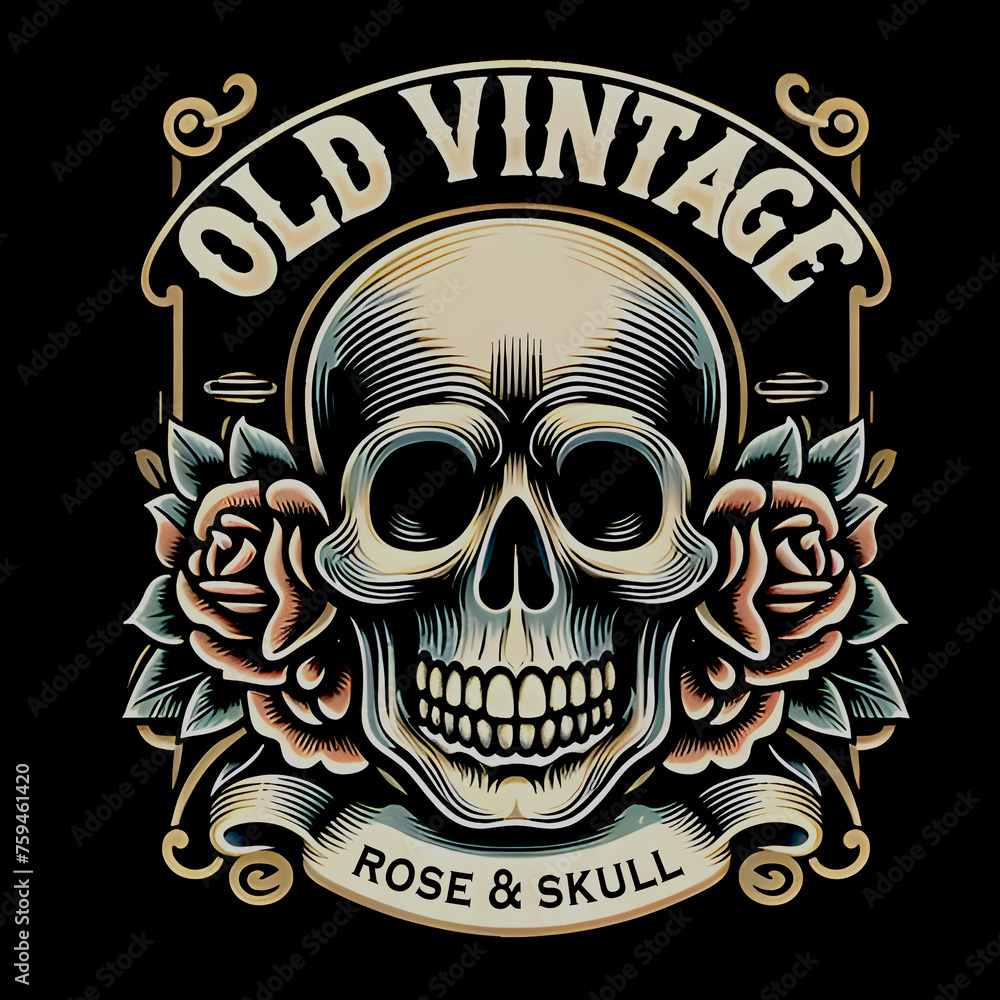 illustration vintage logo design a rose and skull bone