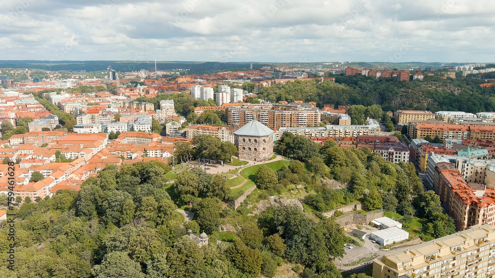 Gothenburg, Sweden. Skansen Kronan - A fortress on a hill with panoramic views of the city. Panorama of the city. Summer day. Cloudy weather, Aerial View