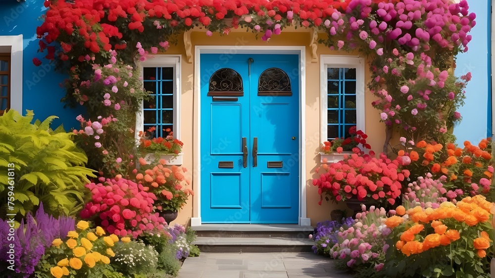 Colorful house door with a garden full of flowers in the front