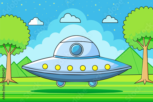 The spaceship flew majestically through a celestial forest of vibrant trees, creating an ethereal spectacle.