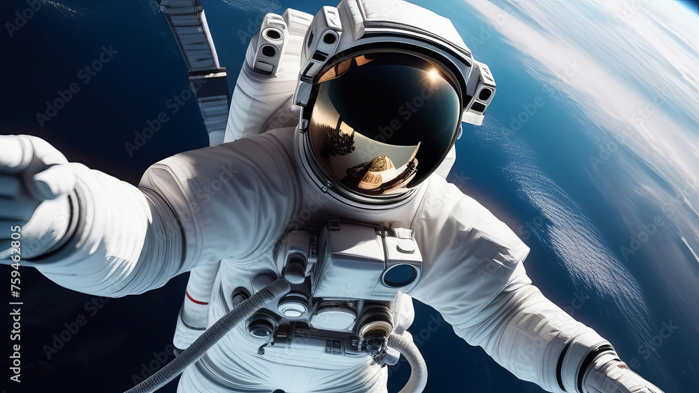 Spaceman astronaut floating in outer space and make selfie. Earth planet on background. Designed for fantastic, futuristic, science or space travel backgrounds. Earth day cosmonautics day concept - obrazy, fototapety, plakaty 