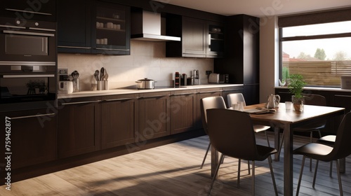 Contemporary modern fully fitted kitchen in brown with top spec appliances and granite worktops