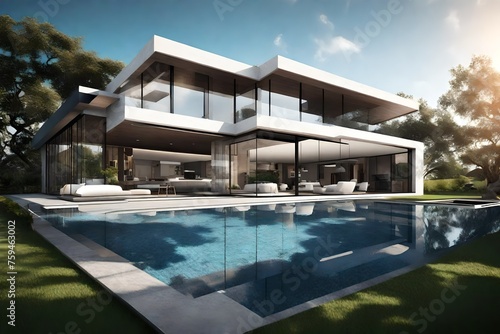 Modern house with swimming pool scene 3D rendering architecture exterior wallpaper backgrounds © Maryam