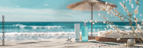 A beach scene with a blue umbrella and mock up with two bottles of sunscreen