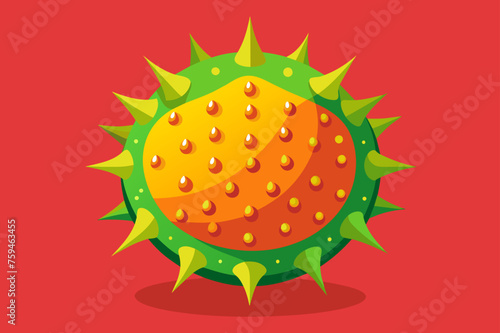 A horned melon kiwano fruit with its distinctive horned exterior and vibrant orange flesh.
