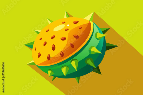 A horned melon kiwano fruit with its distinctive horned exterior and vibrant orange flesh.