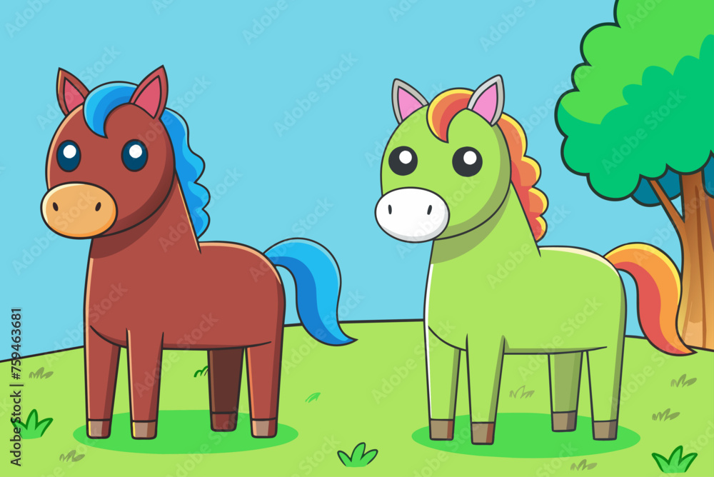 Two horses stand in a field, their faces towards the camera. Behind them are trees and a cloudless blue sky. Two horses stand in a field, their faces towards the camera. Behind them are trees and a cloudless blue sky.