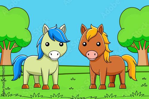 A brown horse stands in a field surrounded by a forest of lush green trees.