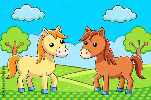 A brown horse stands in a field surrounded by a forest of lush green trees.
