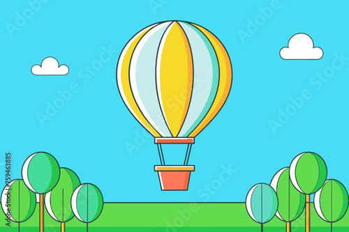 Hot air balloons float gracefully amidst a backdrop of verdant trees and azure skies, promising an unforgettable aerial adventure.